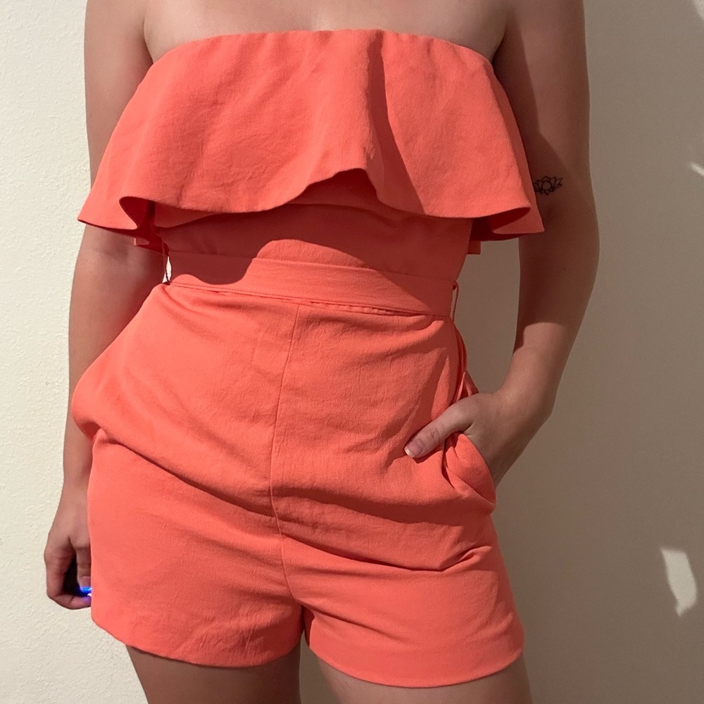 Babaton Aritzia Altamiro Romper Strapless Coral Pink SZ 6